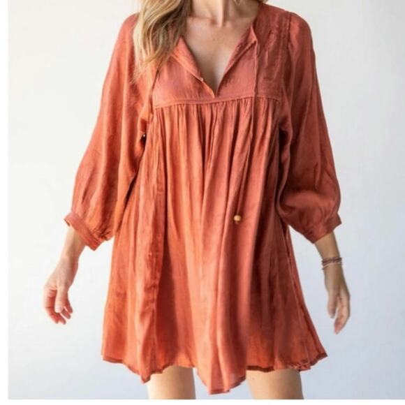 Natural Life Baby Doll Rose Mini Dress Bubble Sleeves Oversized Kurta Puff Sz L - Picture 1 of 7